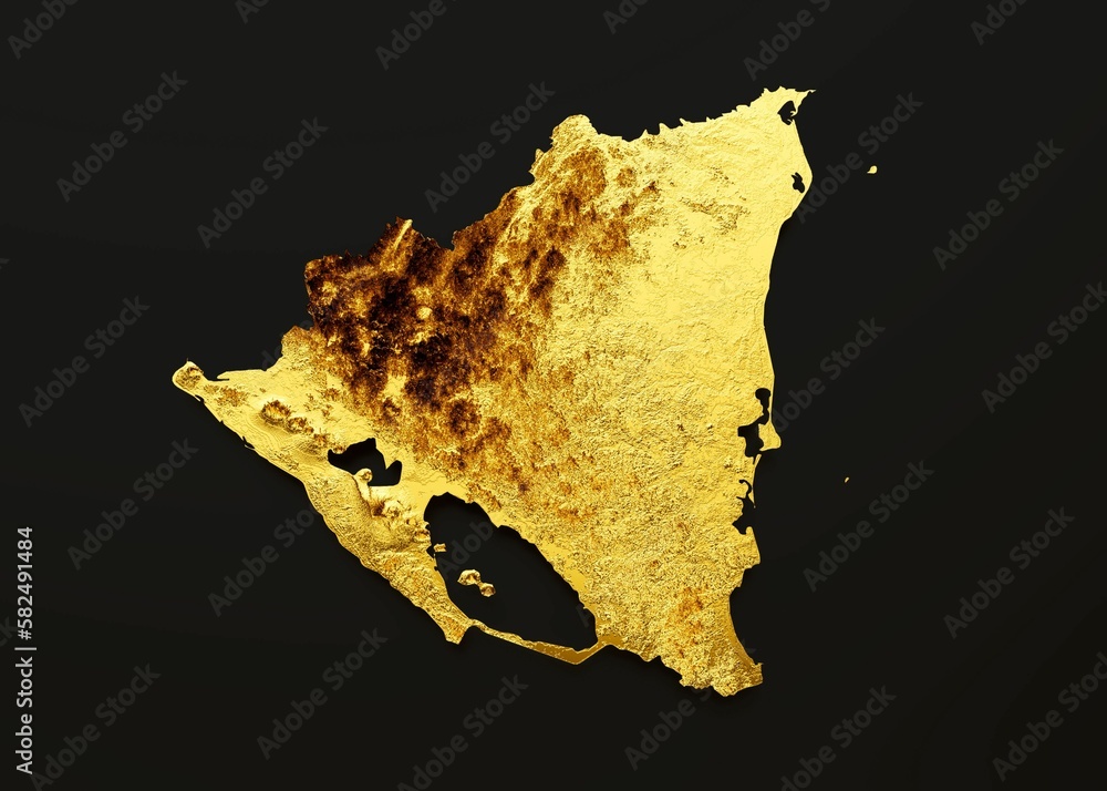 Poster 3d rendering of a golden nicaragua map isolated on black background
