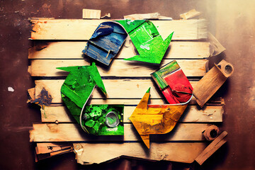 Various reusable trash around recycling symbol. Generative Ai