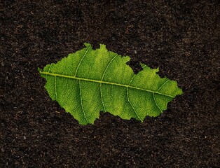 Top view of the Czech Republic map made of green leaf on the dark soil - ecology concept