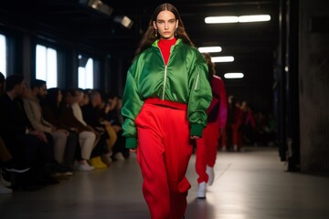 Fierce Fashionista Strutting on Runway Under Shamrock Green Lights. Generative AI.