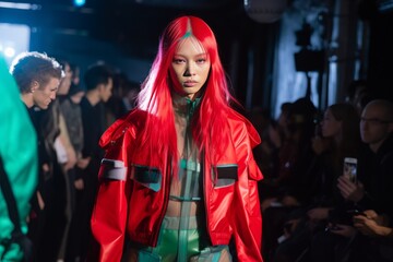 Fierce Fashionista Strutting on Runway Under Shamrock Green Lights. Generative AI.