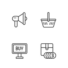 Set line Item price tag with dollar, Buy button, Megaphone and Shopping basket icon. Vector