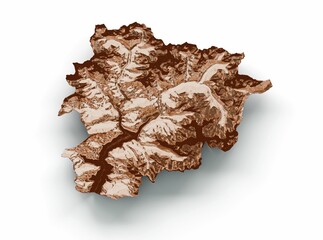 3d illustration of Andorra topographic map on a white background