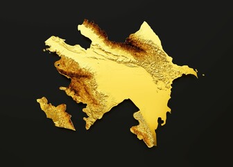 3D illustration of the map of Azerbaijan in a retro style with golden graphics on a black background