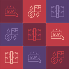 Set line Buy button, Stacks paper money cash and Tax cardboard box icon. Vector
