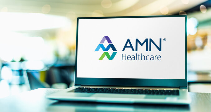 Laptop computer displaying logo of AMN Healthcare Services