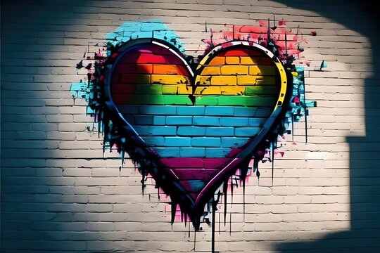Nice colorful rainbow graffiti heart on the brick wall. LGBTQ. Diversity, tolerance, loving inclusion concept, pride month celebration, pride day. generative AI
