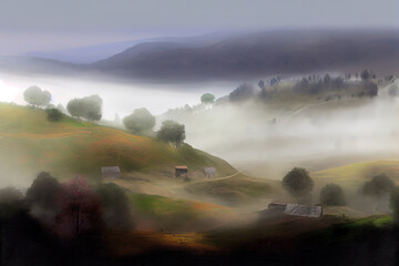 Naklejka na ściany i meble idyllic autumn landscape with cold morning fog on hillside in mountainous rural area. Generative Ai