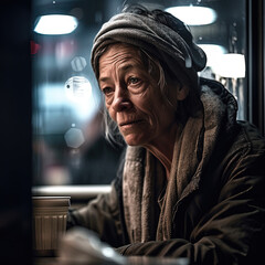 Generative AI - A homeless woman sitting at a table with a cup of coffee in front of her and a window behind her, cinematic photography, a character portrait, american realism