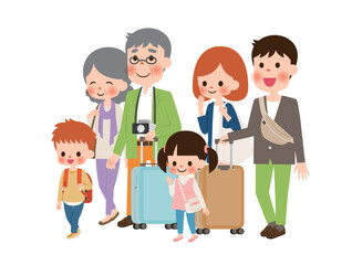 家族旅行　旅行へ行く二世帯家族