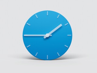 3D illustration of the blue clock on a white background, with white clock hands, quarter to two
