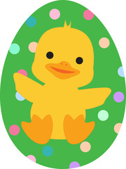 green easter egg decorated with a yellow baby duck and colorful dots illustrated