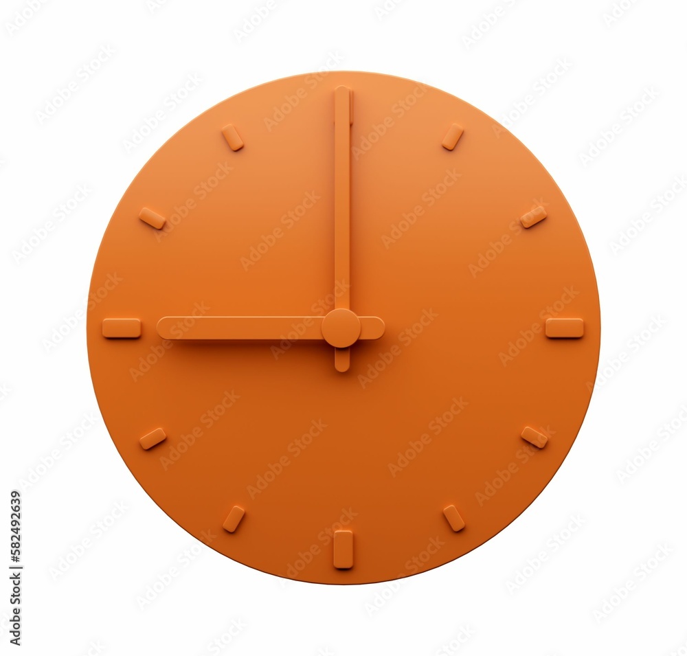 Poster 3d rendering of a minimalistic orange clock showing 9 o'clock, on a white backdrop