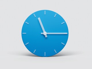 3d rendering of a minimalistic blue clock showing 11:15 o'clock, on a gray backdrop