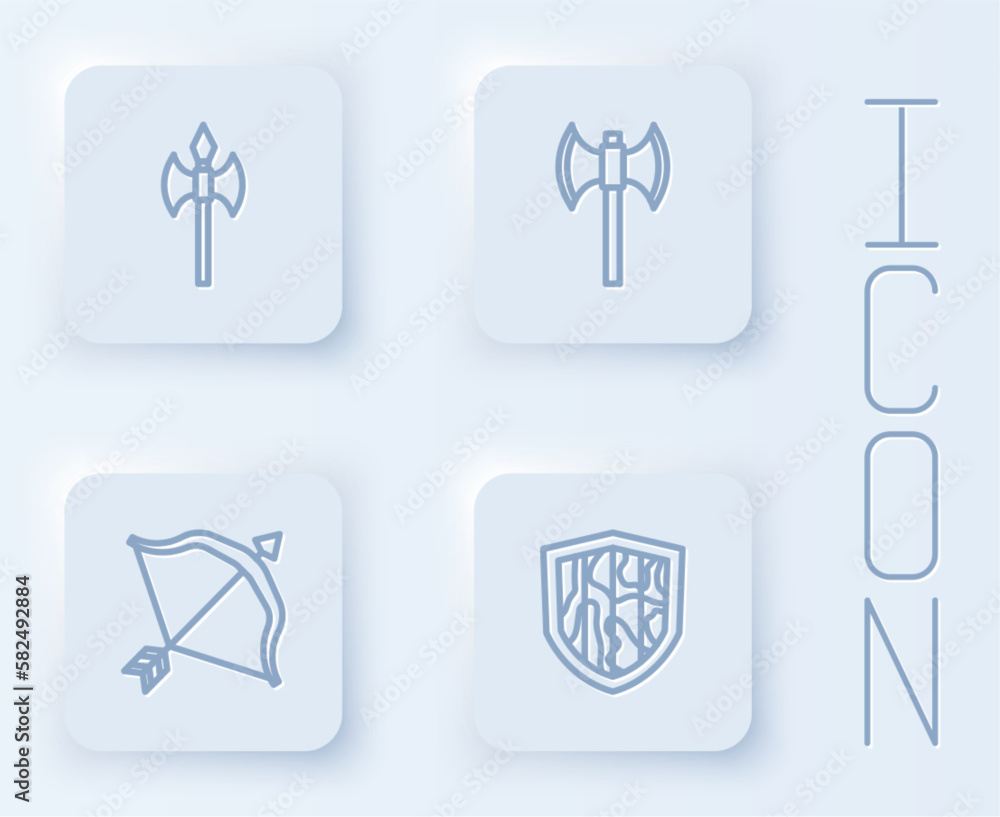 Poster set line medieval axe, poleaxe, bow and arrow and shield. white square button. vector