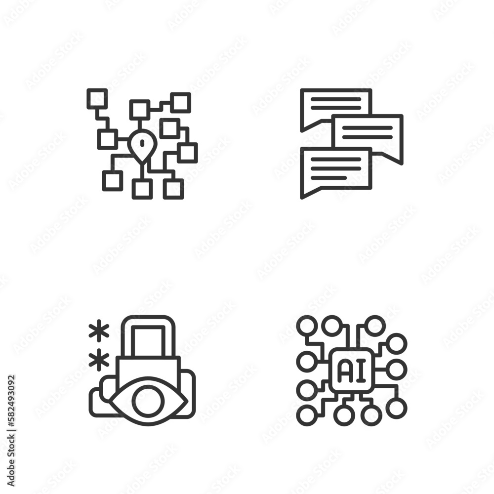 Poster set line neural network, cyber security, and speech bubble chat icon. vector