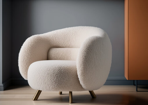 Trendy boucle white armchair against the backdrop of a minimalist modern interior. Photorealistic illustration generated by AI.