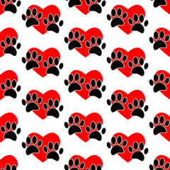 Dog Paw Prints And Red Heart Shape Seamless Pattern