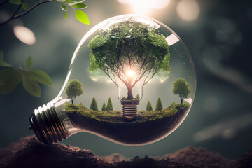 In the name of Electric Energy and energy saving, for environmentally friendly energy sources. Green tree inside the bulb.AI generated illustration.