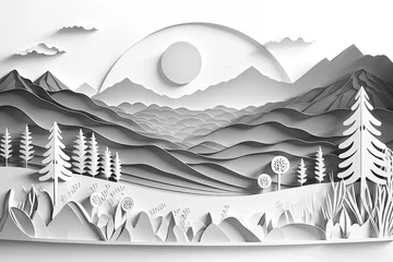 Rolgordijnen Abstract mountain and tree lanscape  paper cut background. Generative AI © Smart AI