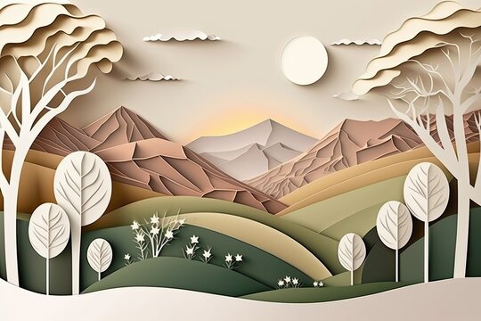 Abstract mountain and tree lanscape  paper cut background. Generative AI