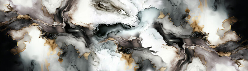 Black and white marble texture with smoky swirls and golden veins. Dramatic abstract stone background for design. Panorama. Generative AI