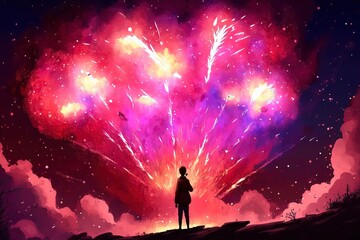 Fototapeta premium Fireworks in the sky with Full Blast Illustration. Generative AI