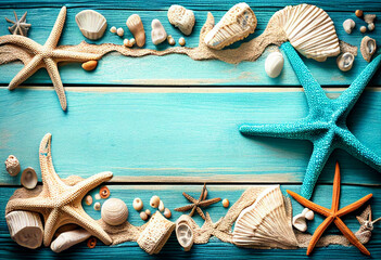Tropical border beach summer,starfish,shells,coral and beach sand on beach wood in blue sea color background.Summer holiday ,sea vacation ,travel concept. 