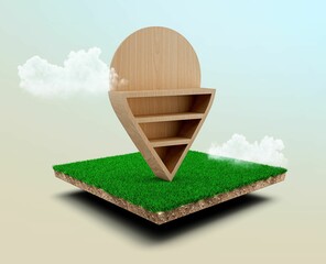Wooden location pin icon on cubical soil land geology cross with  grass, blue sky. 3d illustration.