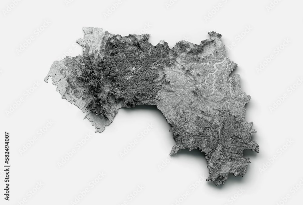 Poster 3d rendering of a shaded relief guinea map isolated on white background