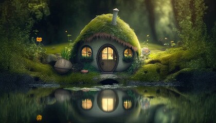 Hobbit house With overgrown roof Landscape with little pond in fantasy forest generated by AI