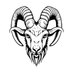 Intriguing and powerful Hand drawn line art illustration of a goat head logo, showcasing strength and symbolism
