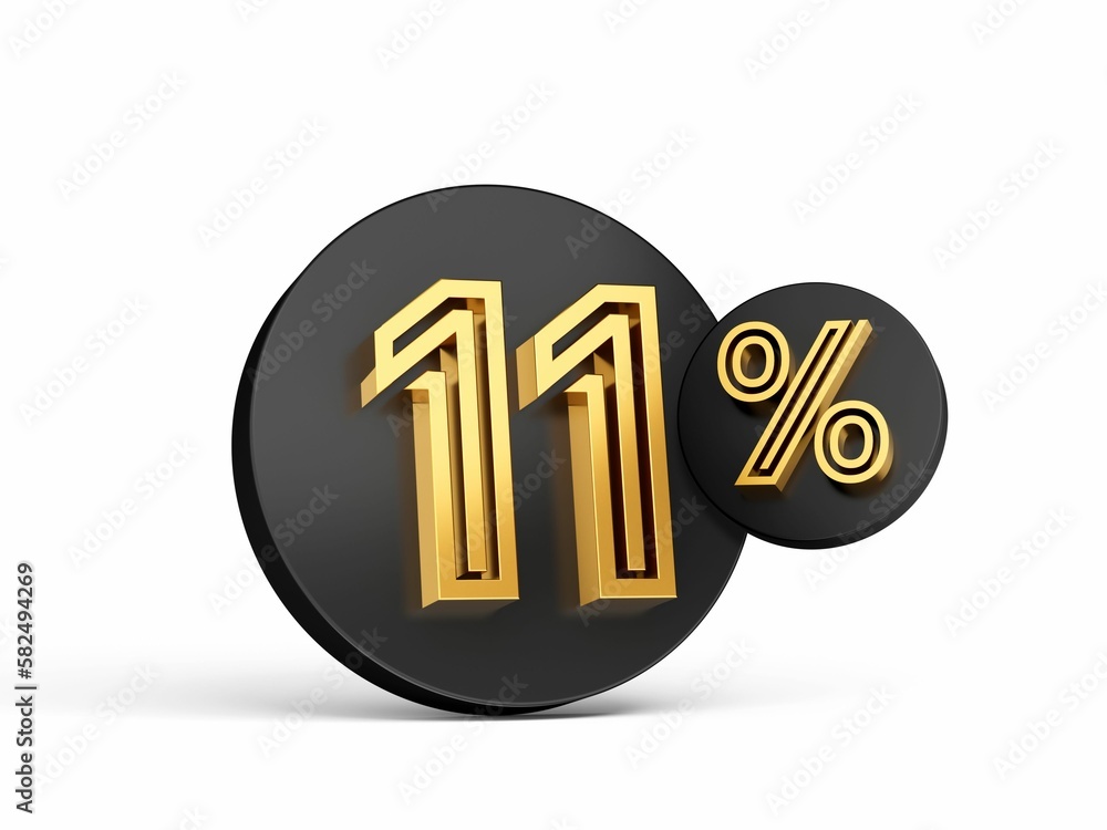 Poster 3d rendering of the golden number 11 percent on black button isolated on the empty white background