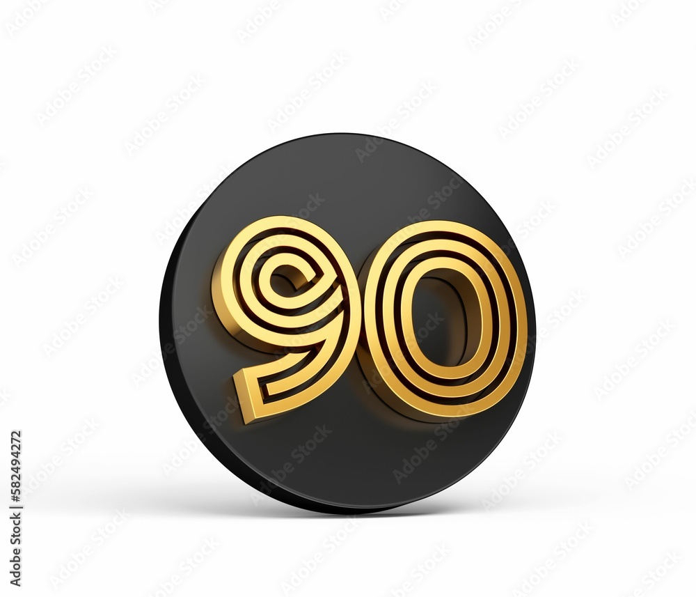 Aufkleber 3d rendering of the golden number 90 on a black button isolated on the empty white background
