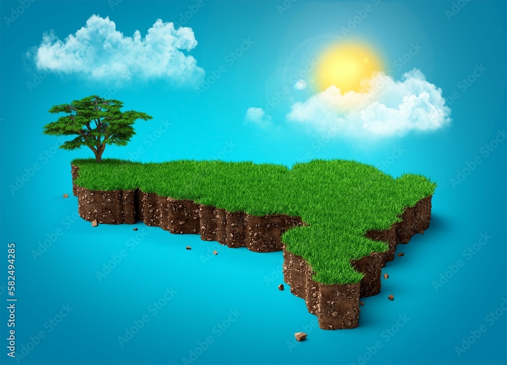 Poster 3d rendering of the map of england represented as an island with the sun in the blue background