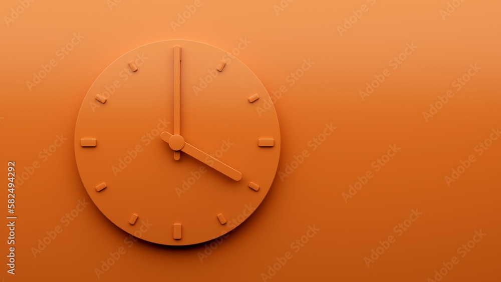 Poster 3d rendered minimal clock showing time 4:00 on an orange background with space for text