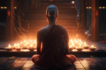 Fototapeta premium Monk in Yoga Lotus Pose with Flames and Lightnings, Connecting to Meditative Space, Generative AI