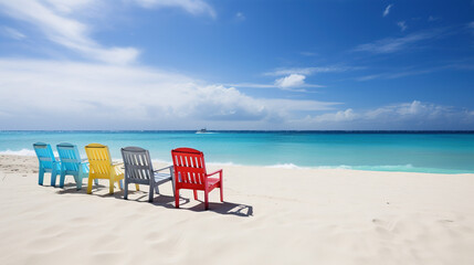 Colorful chairs on the tropical beach. AI - obrazy, fototapety, plakaty
