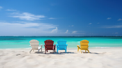 Fototapeta na wymiar Colorful chairs on the tropical beach. AI