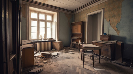 Abandoned apartment interior. AI