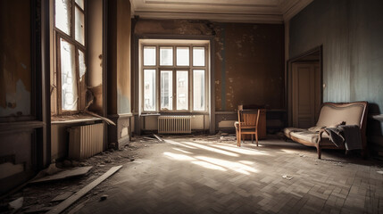 Abandoned living room interior. AI