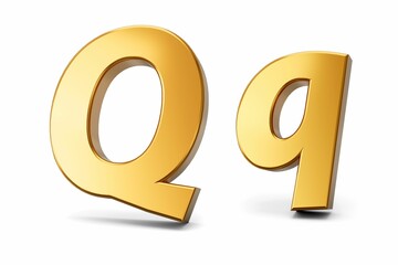 3D rendering of the letter Q in gold metal on a white isolated background
