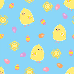 Cute Easter background. Funny yellow baby chicken, easter painted eggs and sun seamless pattern. Simple vector illustration.