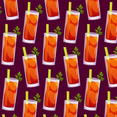 Seamless pattern with Bloody Mary classic cocktail with celery. Italian aperitif cocktails. Alcoholic beverage for drinks bar menu. Beach Holidays, summer vacation, party, cafe bar, recreation. Vector