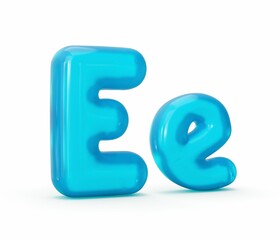 3d illustration of Aqua Blue jelly letter Ee isolated on white background - e