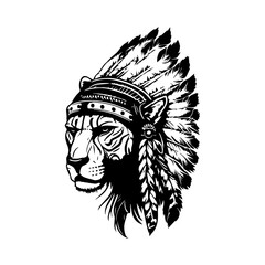 Bold and striking collection of Hand drawn line art illustrations featuring panthers wearing Indian chief head accessories, perfect for any fierce design