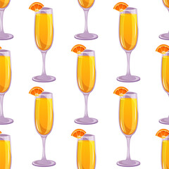 Seamless pattern of mimosa classic cocktail with orange. Italian aperitif cocktails. Alcoholic beverage for drinks bar menu. Beach Holidays, summer vacation, party, cafe bar, recreation. Vector