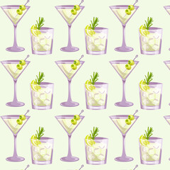 Seamless pattern with Martini , Gin tonic classic cocktail. Italian aperitif cocktails. Alcoholic beverage for drinks bar menu. Beach Holidays, summer vacation, party, cafe bar, recreation. Vector