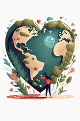 Earth loving illustration. People love and care for planet Earth. AI generated vector illustration.