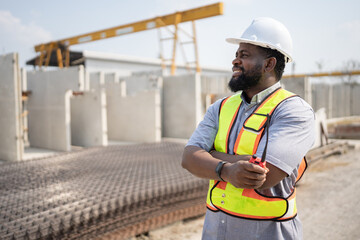 Portrait African American engineer man working with walkie talkie at precast cement factory background	